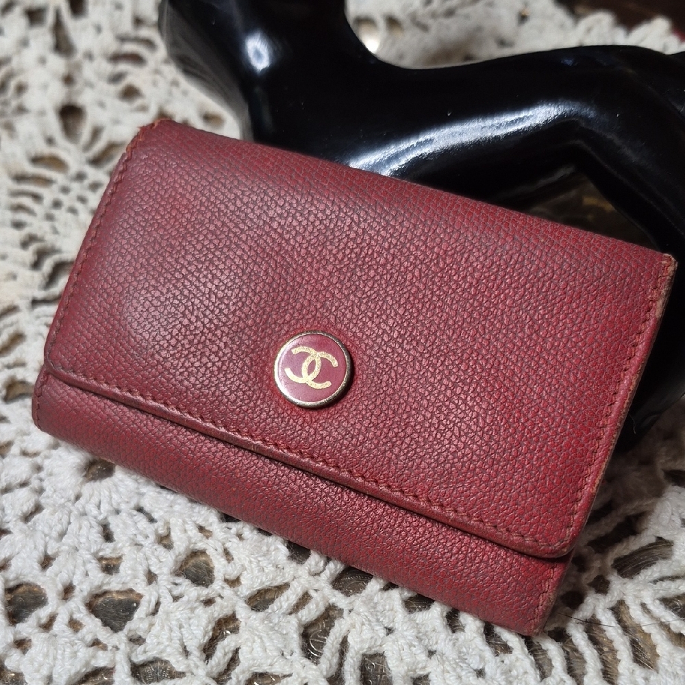 Authentic CHANEL Burgundy Textured Leather Button Key Card Wallet with Gold CC